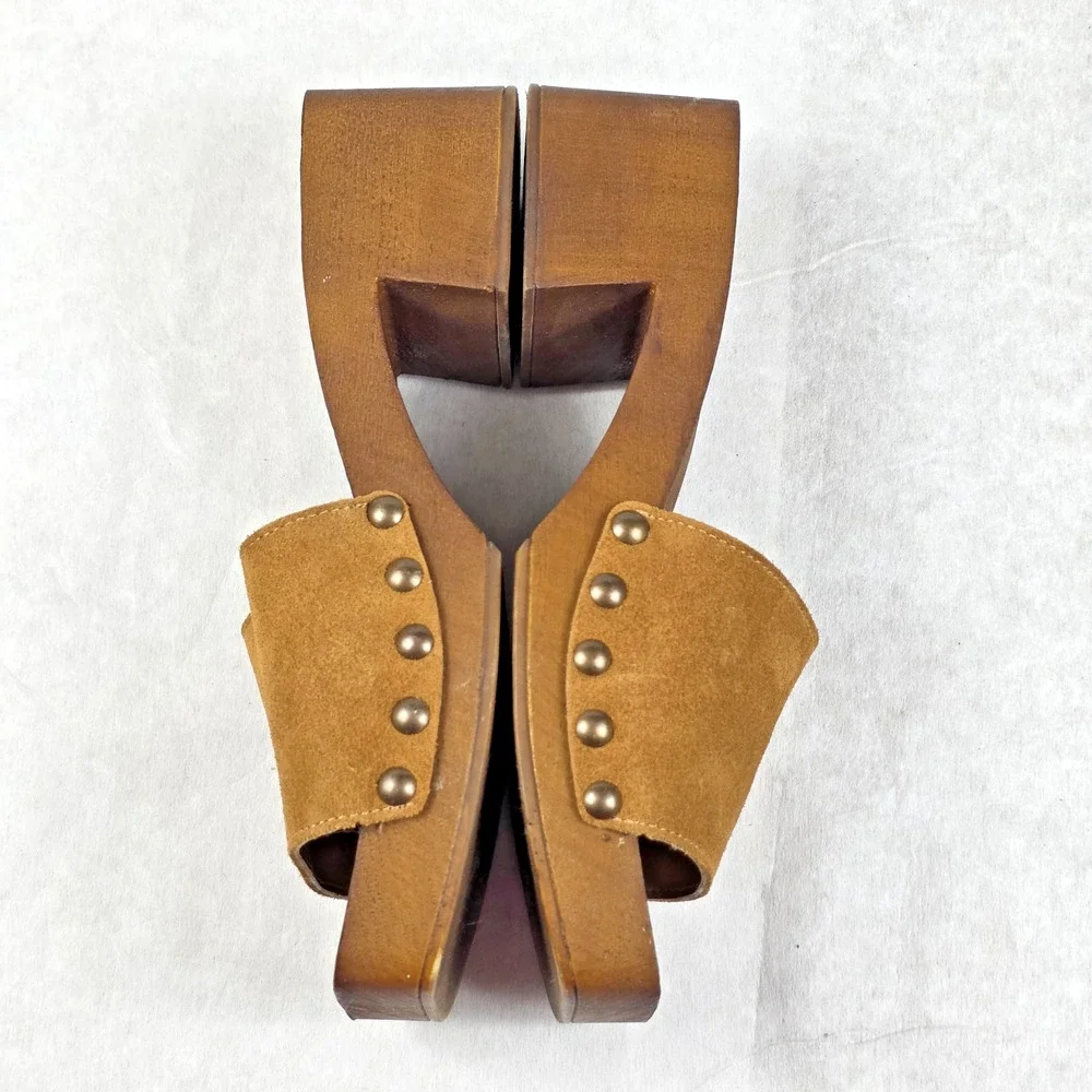 Vintage 90s Charles David Brown Suede Wood Platform Mules Clogs Sz 40 Made italy